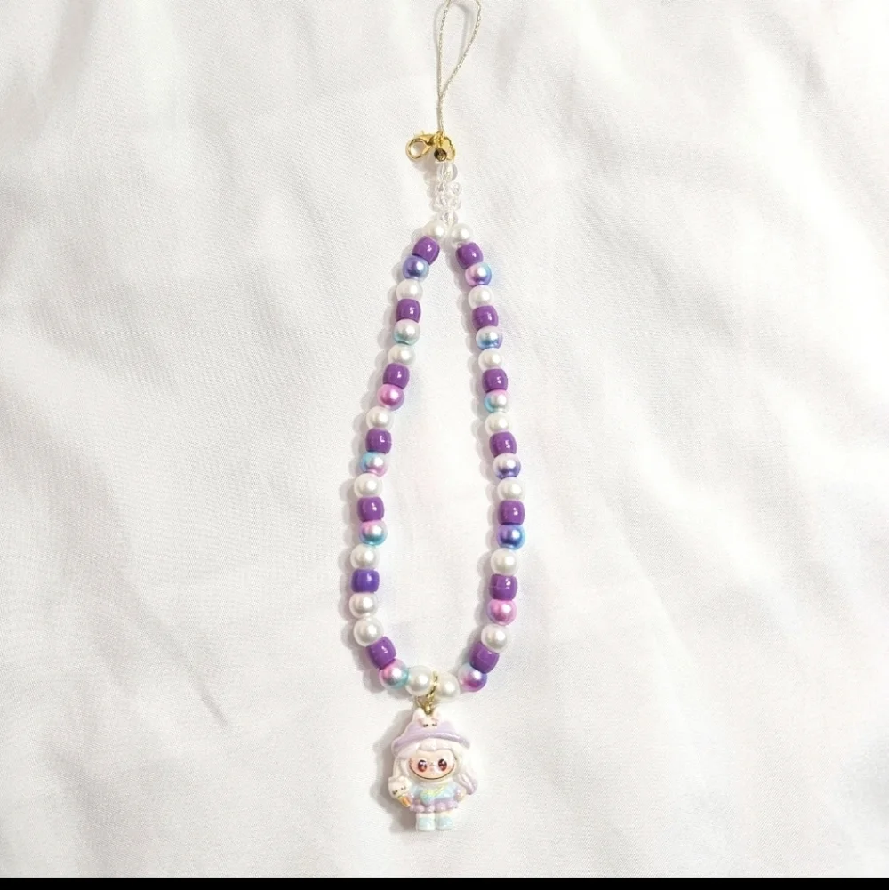 Cute Pastel Purple Girly Dainty Elegant Beaded Labubu Phone Charm or Wrist Strap